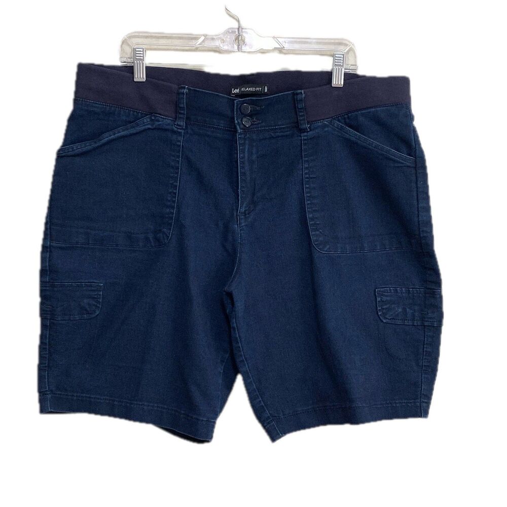 Lee Cargo Shorts Womens Plus 16W Blue Solid Mid-Rise Relaxed Pockets Stretch